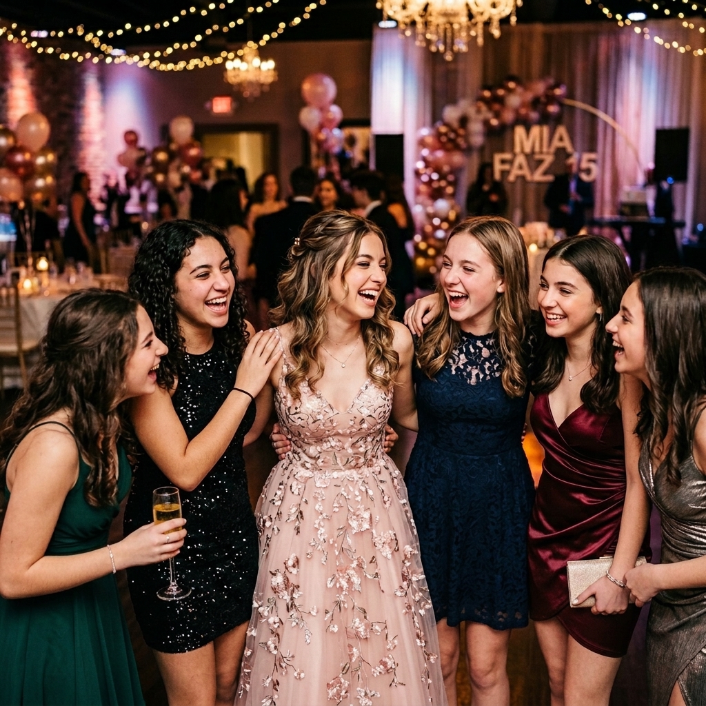 Debutante e amigas felizes na festa