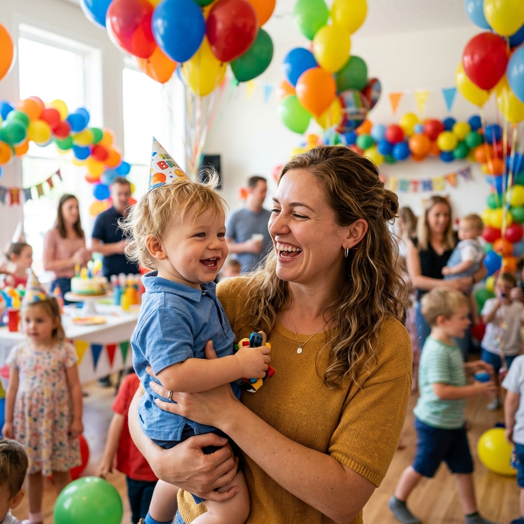 Mãe ocupada segurando criança em festa